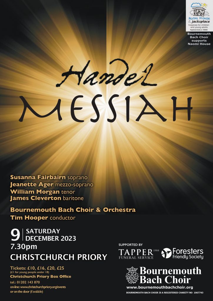 An event poster showing the title "Handel Messiah" in the centre of a beam of light. Underneath are the details of the performers, location, tickets and sponsors.