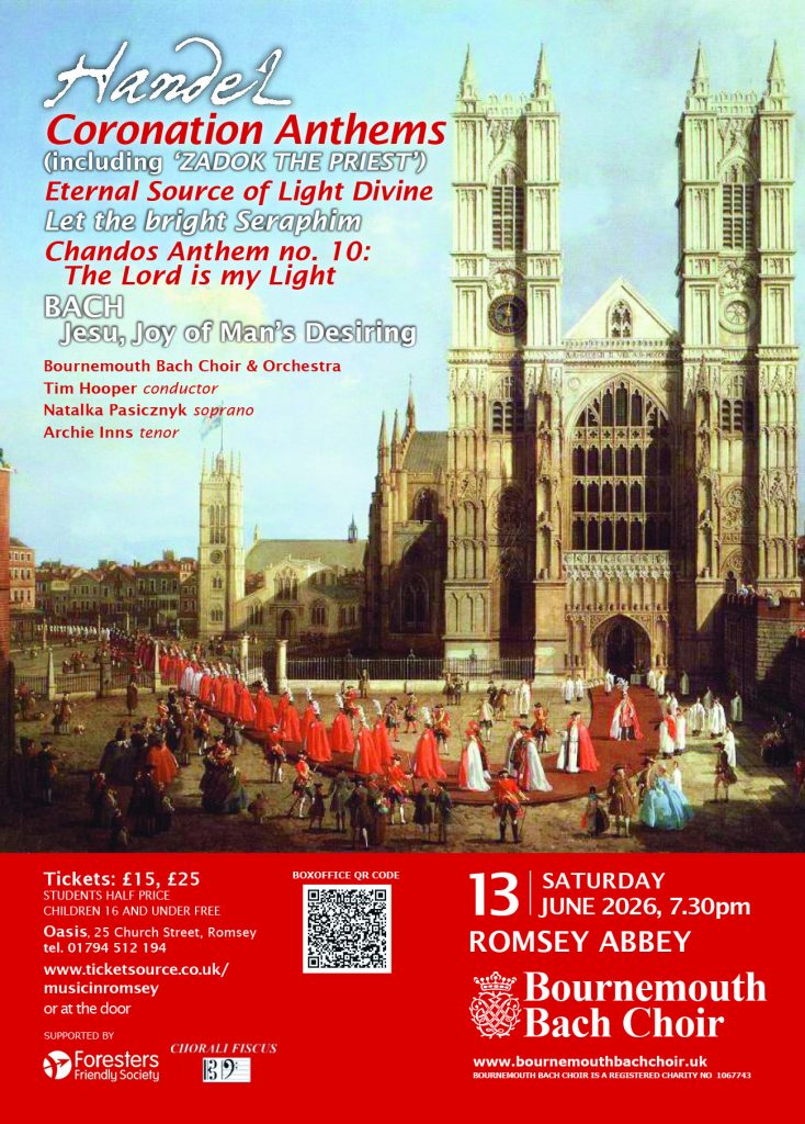 Poster with the concert details. The image is of Westminster Abbey with a procession leaving on a red carpet